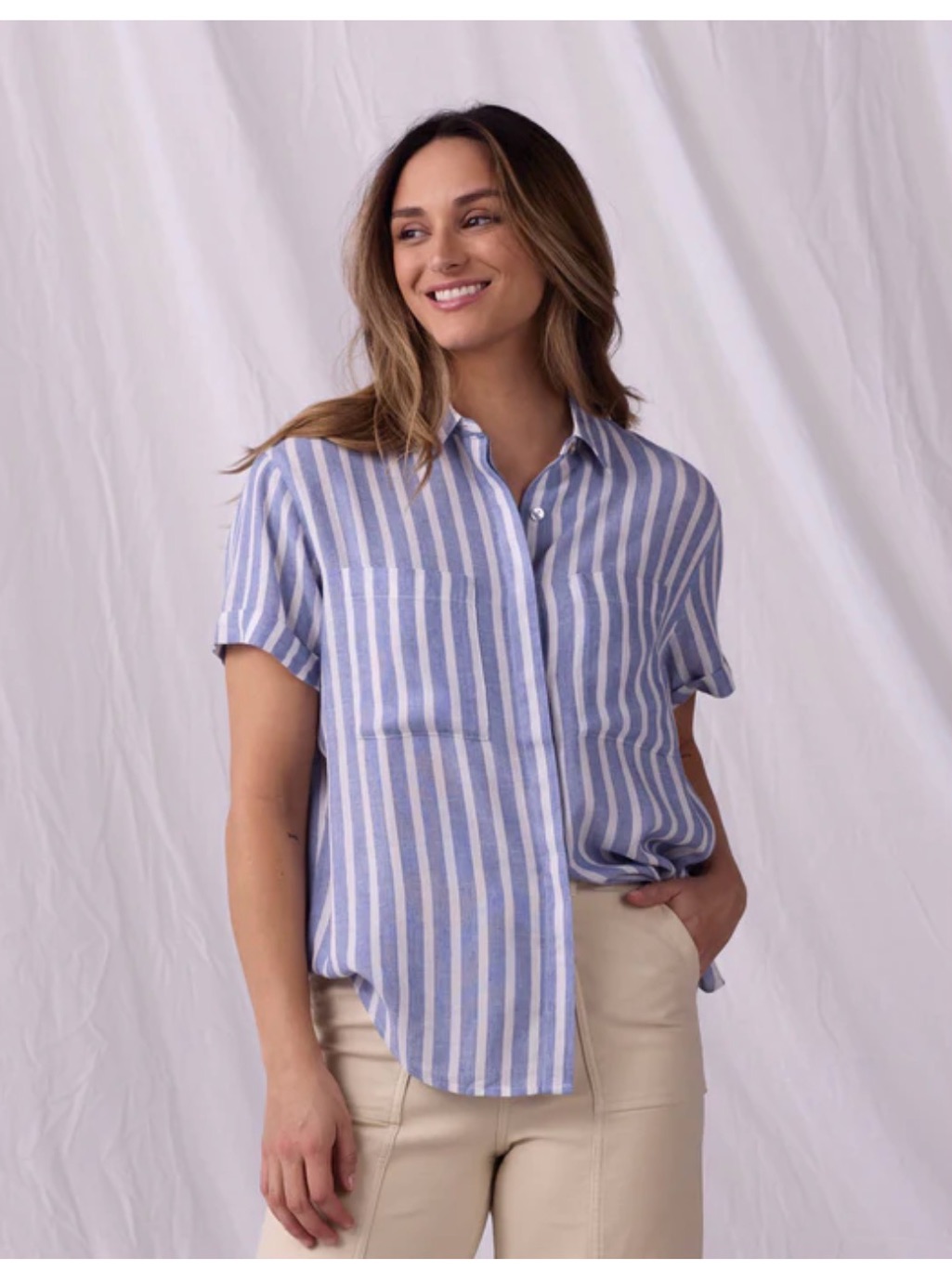 The Normal Brand Freshwater Linen Blend Button Striped Short Sleeved Top Xsmall